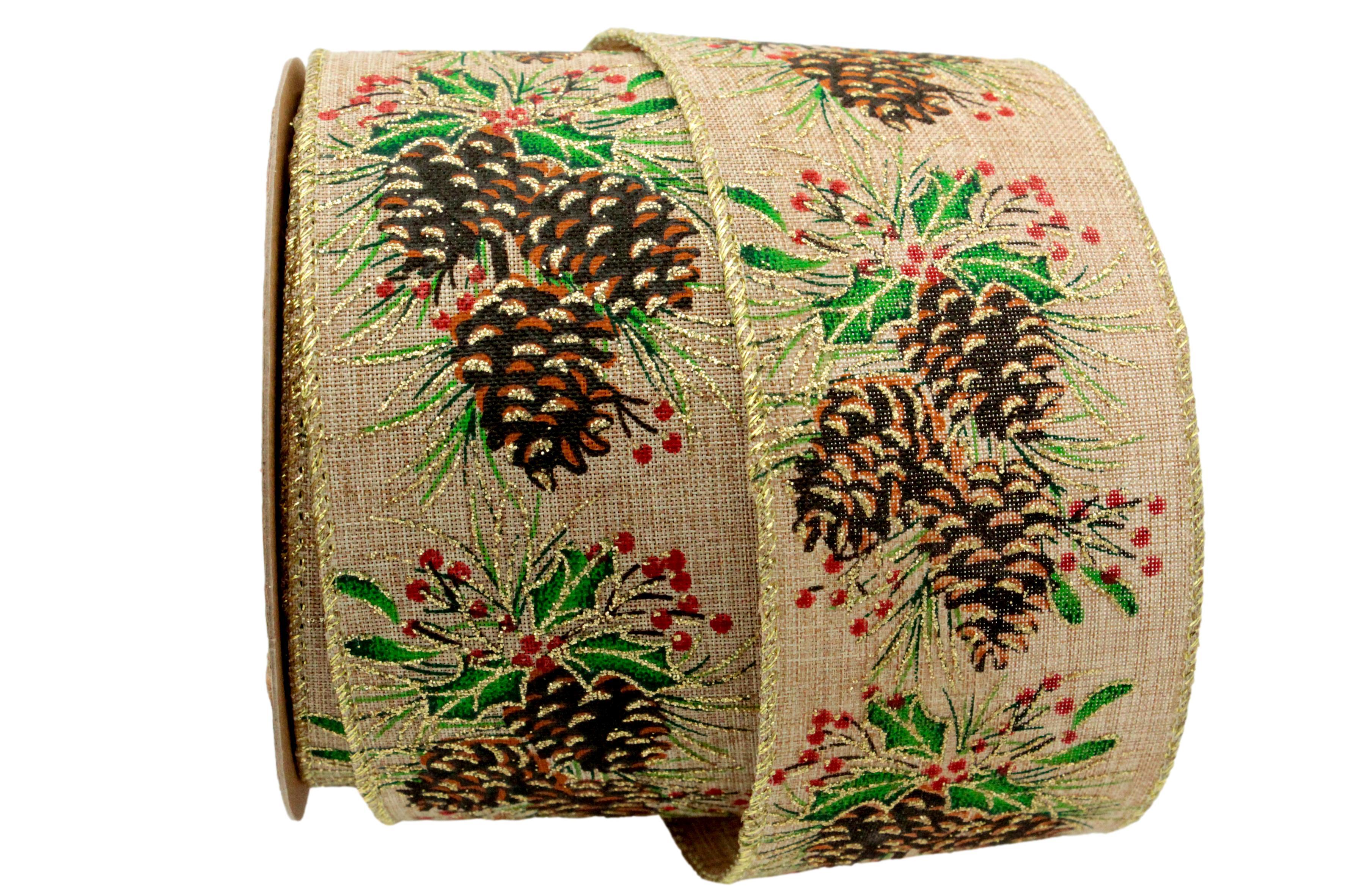 Weihnachtsband Tannenzapfen 65mm mit gekettelten Goldrand