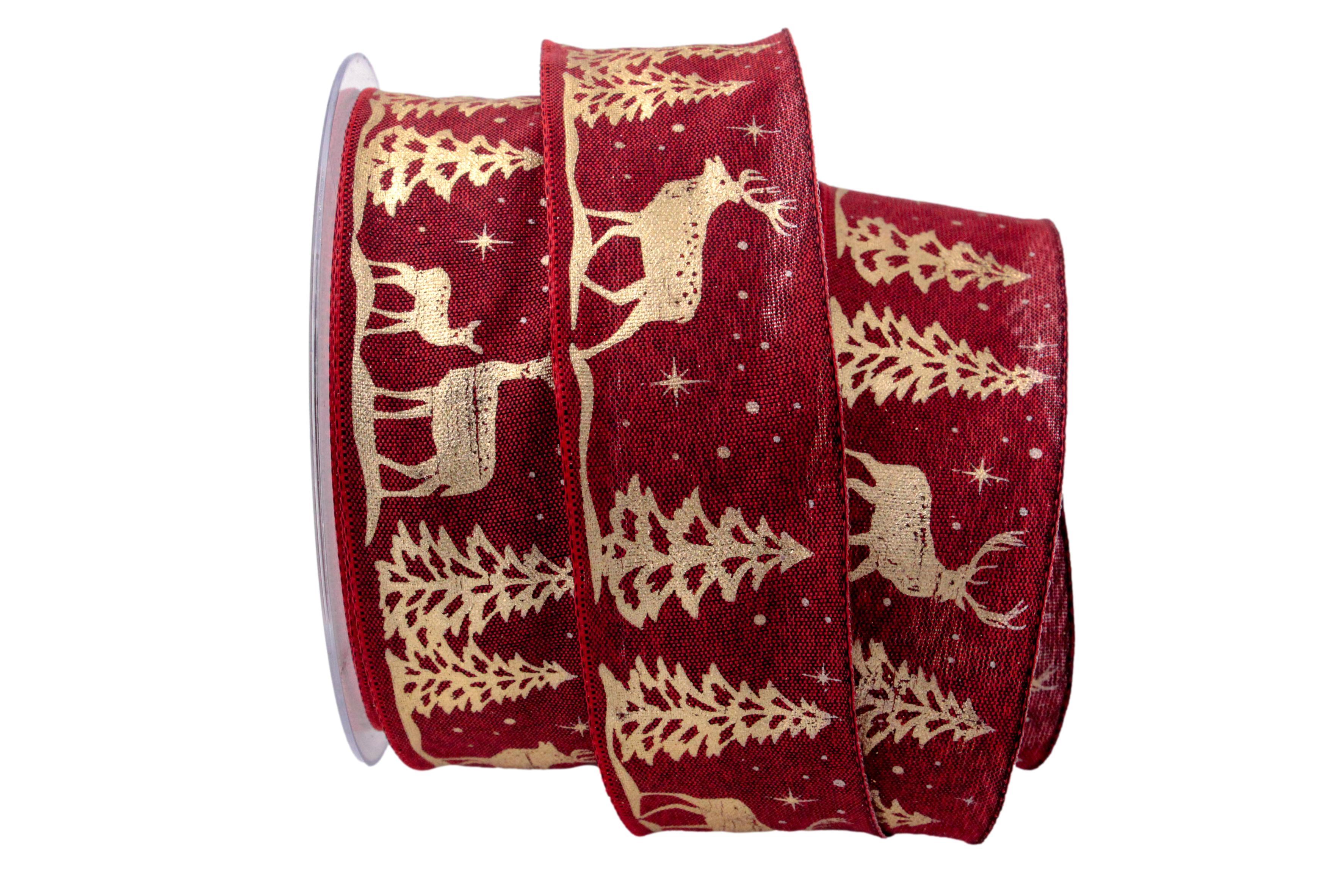 Weihnachtsband Wald und Hirsch bordeaux 40mm mit Draht