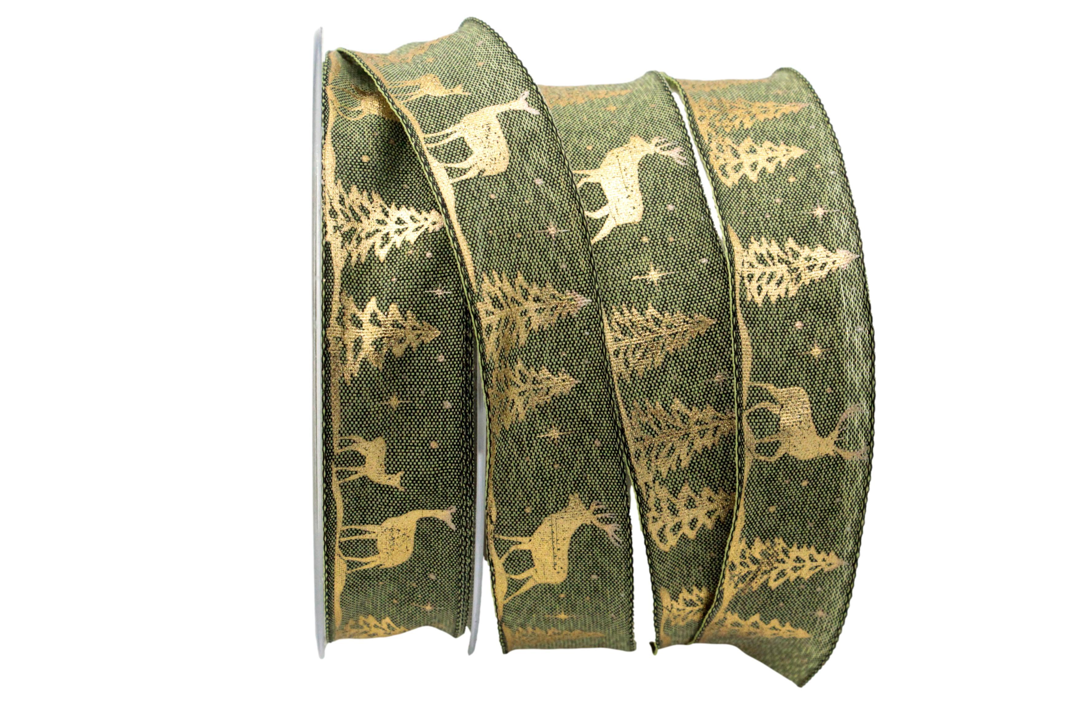 Weihnachtsband Wald und Hirsch grün olive 25mm mit Draht