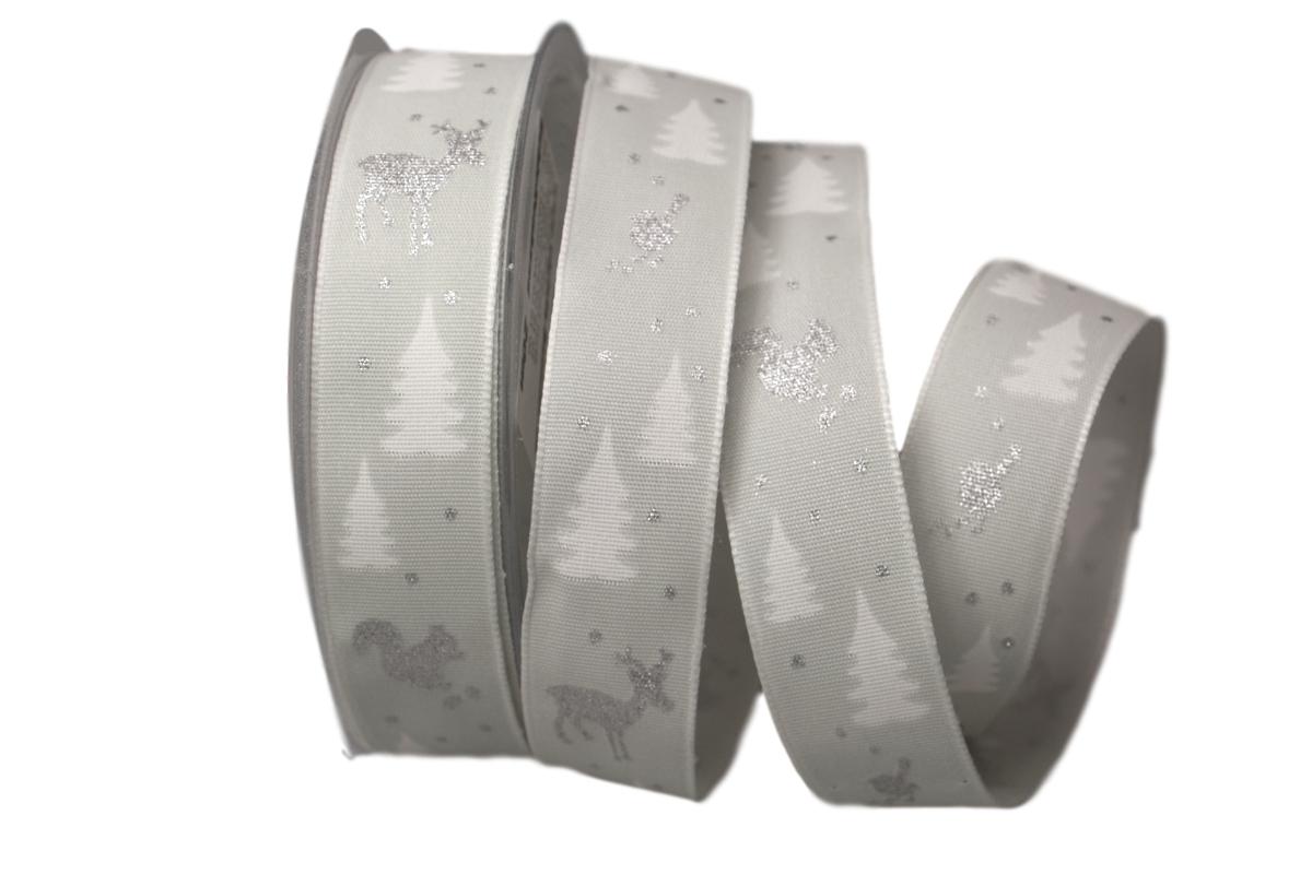 Weihnachtsband Waldleben silbergrau mit Draht 25mm