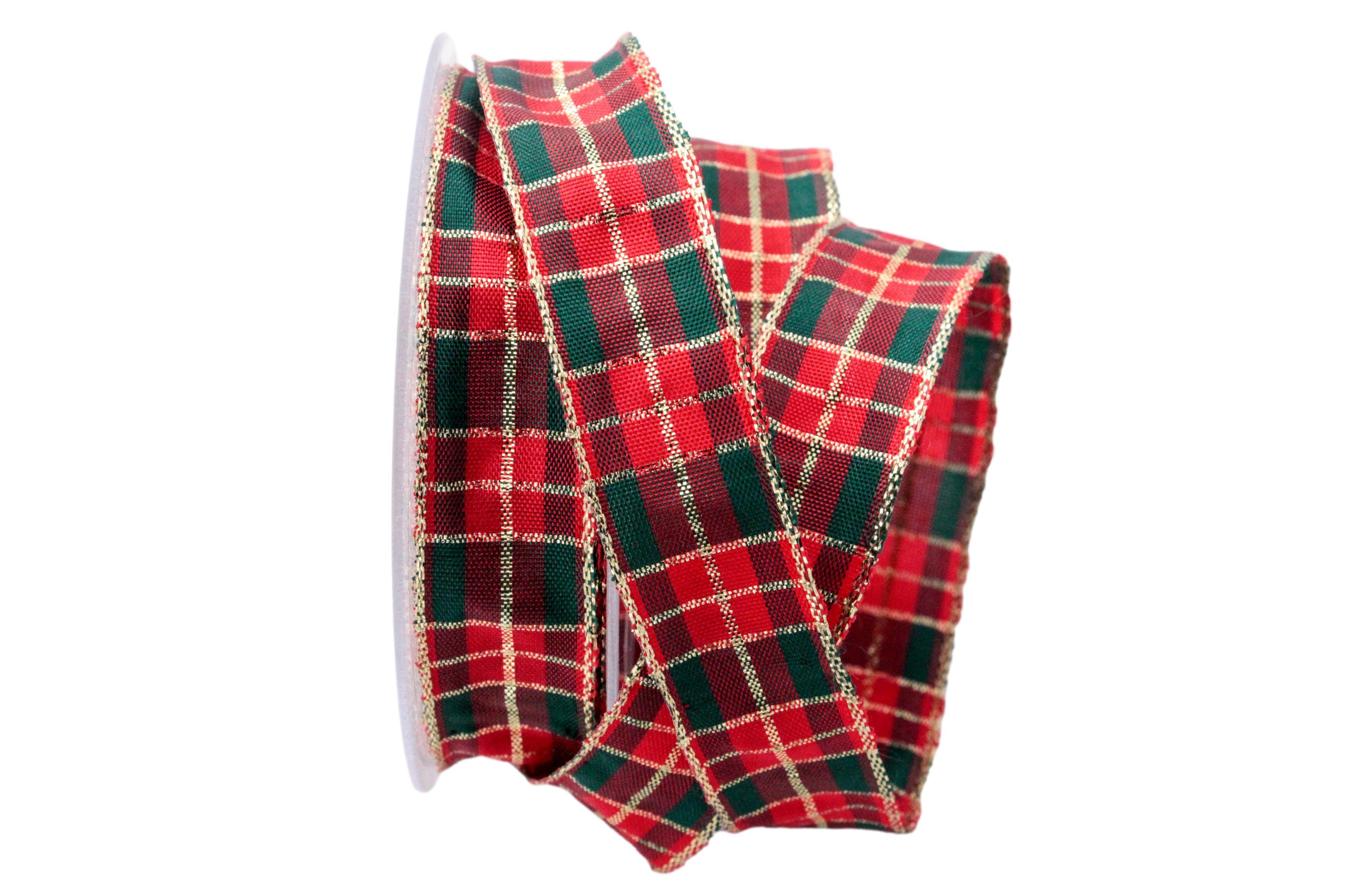 Weihnachtsband Weihnachtskaro grün 25mm mit Draht