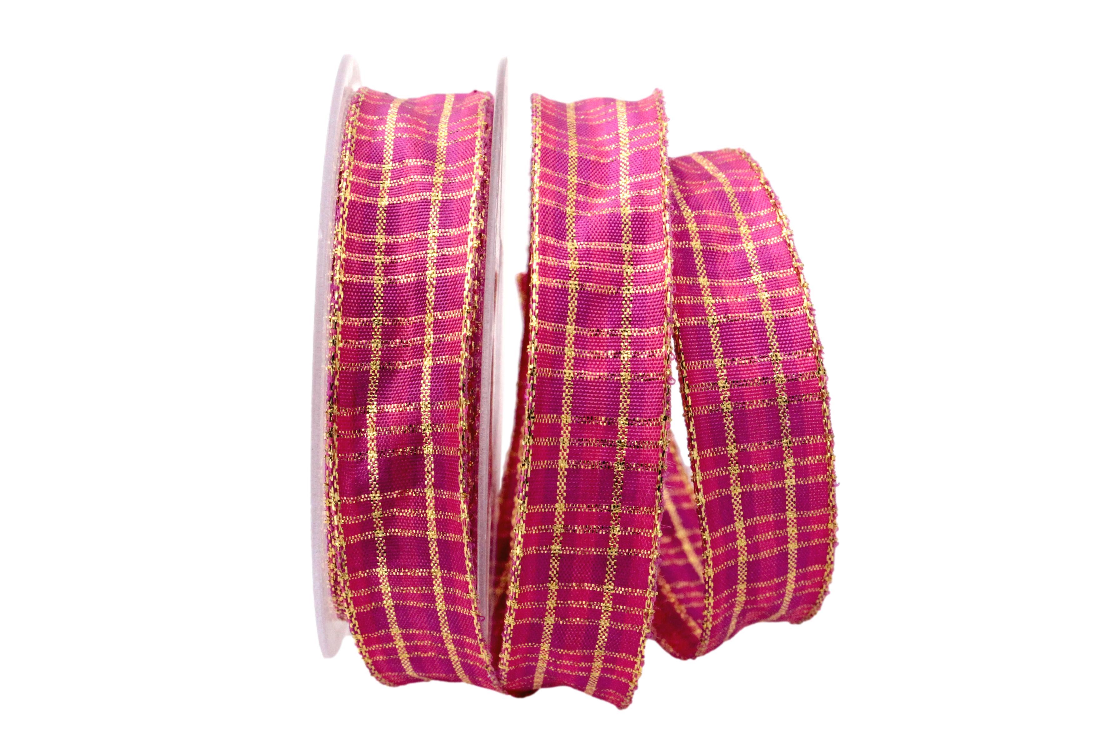 Weihnachtsband Weihnachtskaro Pink mit Draht 25mm